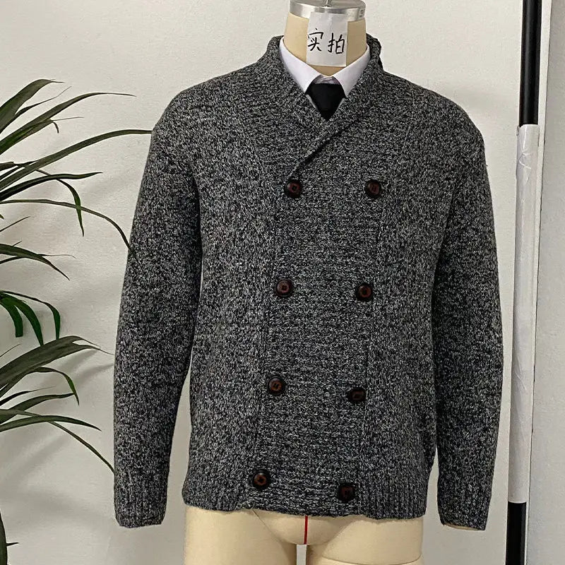 Men’s double-breasted knit cardigan in dark gray textured fabric with contrasting black buttons.