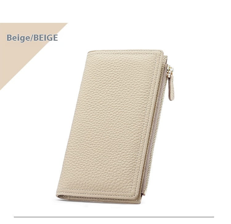Beige textured cowhide leather anti theft rfid long zip wallet with zipper closure.