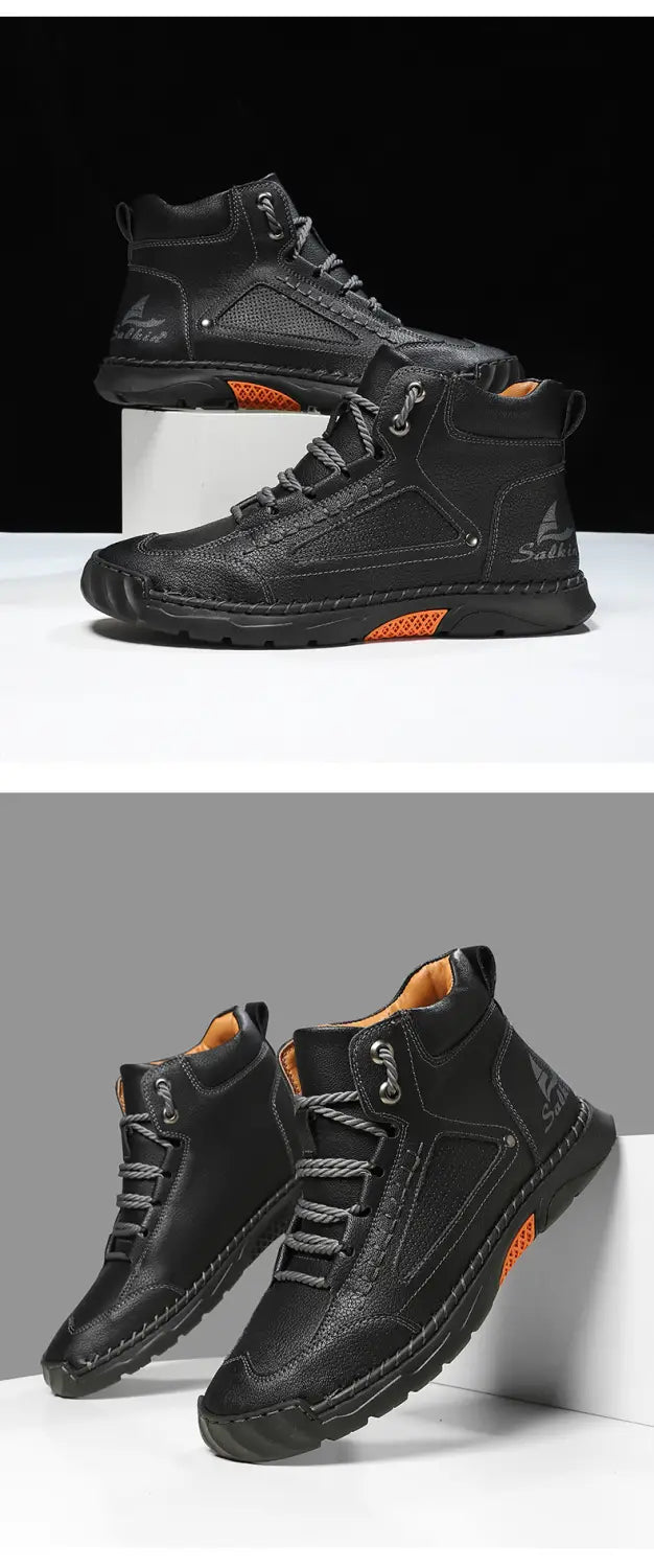 Handgefertigte Schnürstiefeletten in Schwarz mit Leder-High-Top-Design aus PU-Leder; mit orangefarbenen Akzenten an der Sohle und an den Seitenpaneelen.