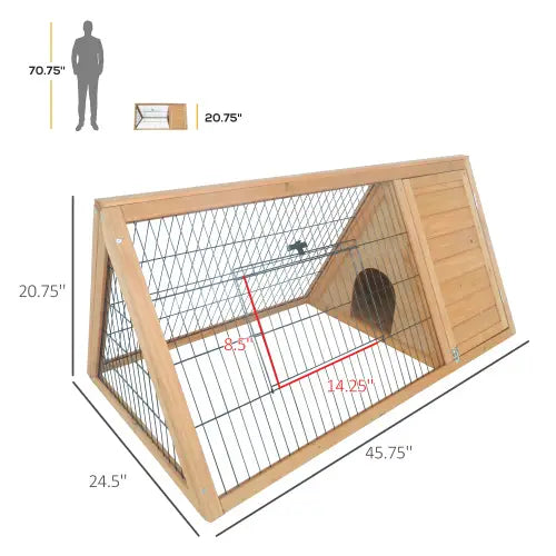 Wooden a-frame rabbit hutch with wire mesh sides and a slanted roof designed as an outdoor small animal cage.