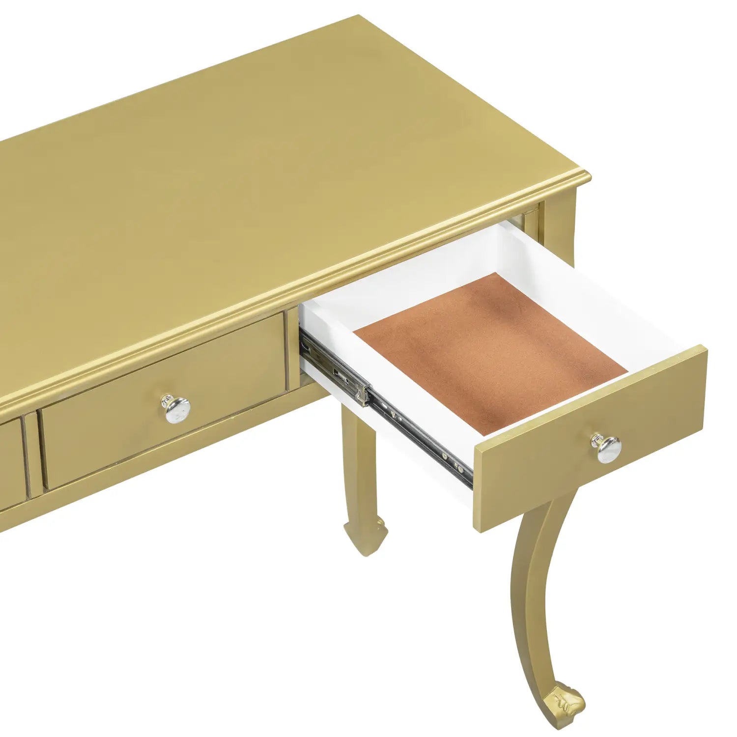 Gold makeup vanity desk with oval mirror and three drawers featuring a gold-finished desk with curved legs and crystal knobs, one drawer partially open to reveal a white interior lined with copper-colored material.