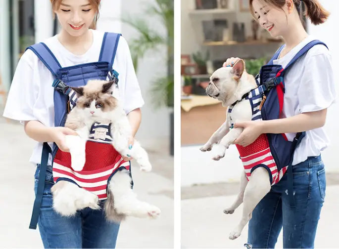 Blue and red striped breathable dog carrier backpack with adjustable straps for carrying cats or dogs.