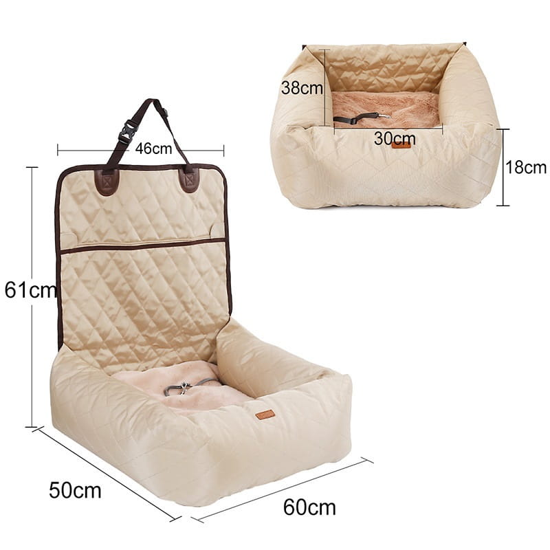 Beige quilted dog car seat bed with soft plush interior and brown leather accents designed as a waterproof foldable carrier.