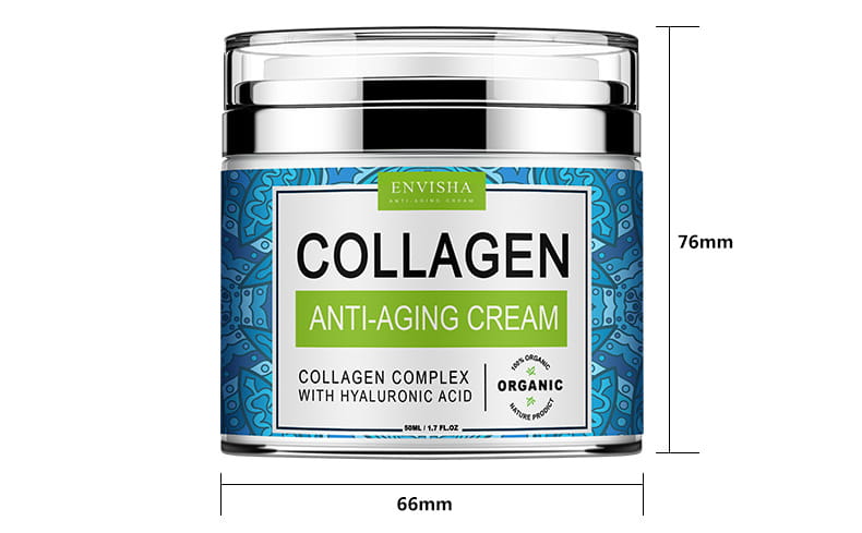 Envisha retinol collagen anti-aging cream with vitamin e in a clear glass jar with a silver lid and blue patterned label containing 50 grams.