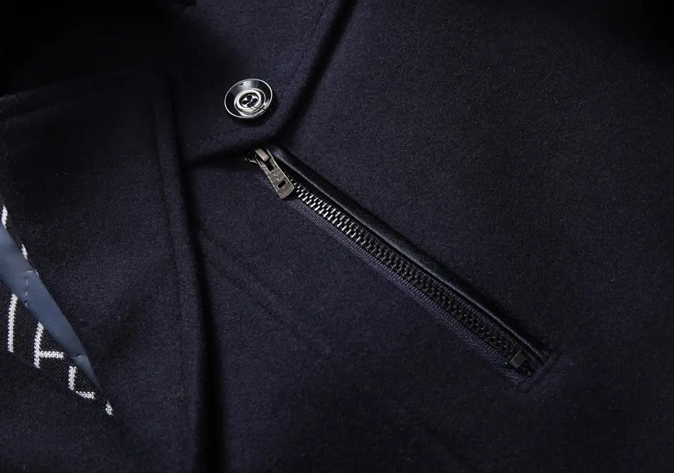 Men thickened trench coat double collar woolen outerwear in dark navy wool with a silver button and black zipper.