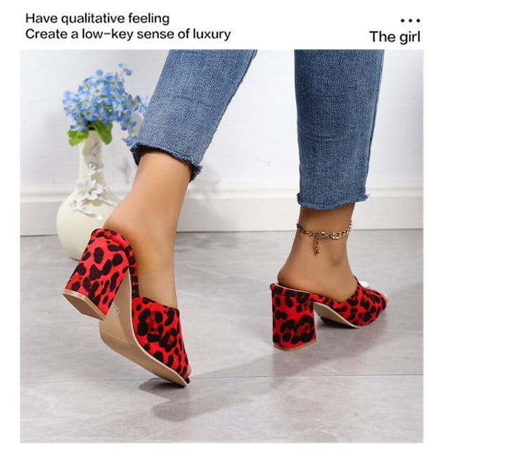 leopard square toe chunky heel mule sandals in red white and tan with leopard print and block heels