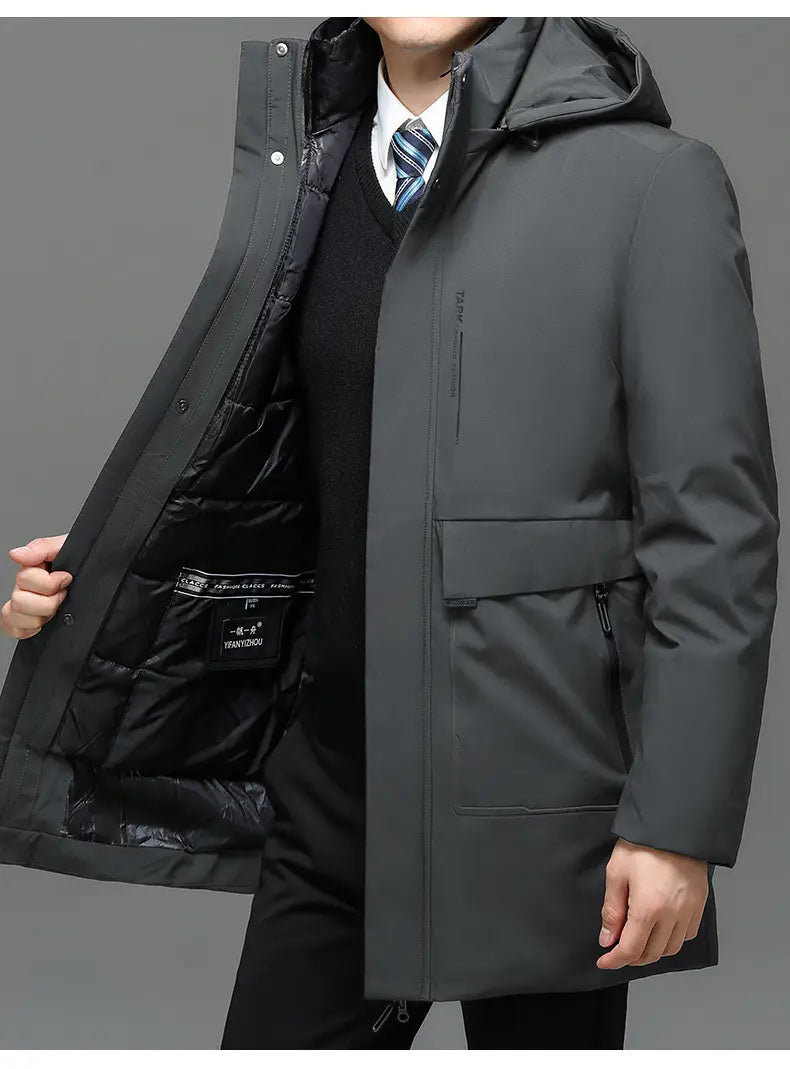 Chaqueta acolchada térmica con capucha de invierno negra en tela resistente al agua gris oscuro para hombre, con cremallera frontal