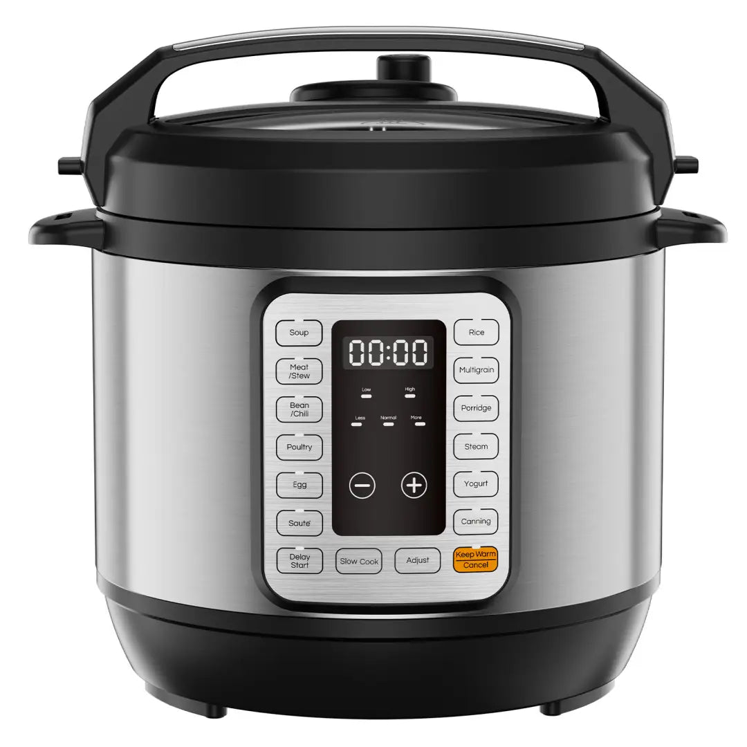 Black and stainless steel electric pressure cooker with digital control panel for multi cooking in 6qt and 8qt capacities.