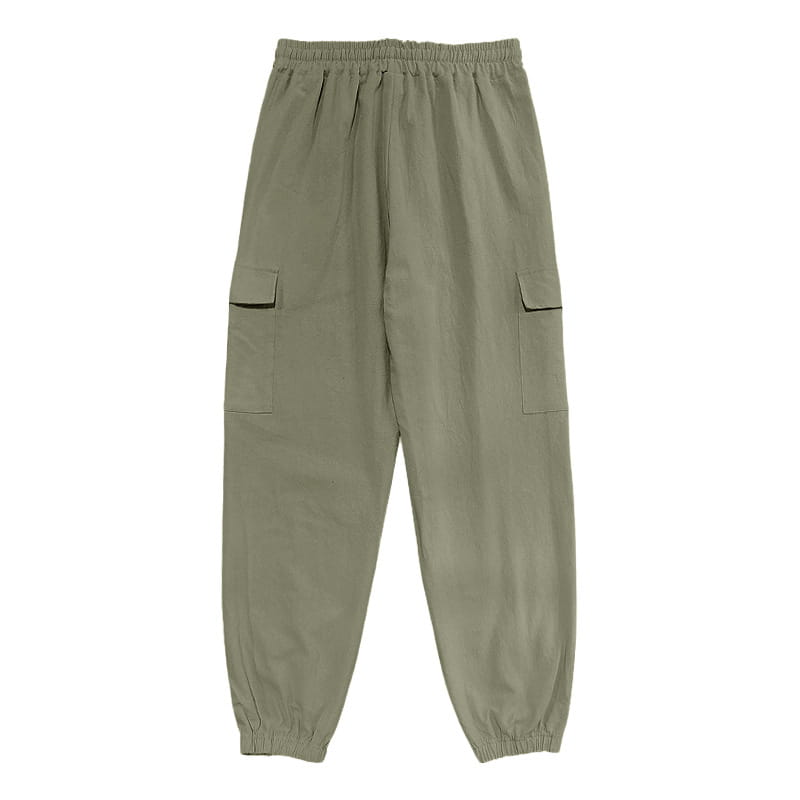 Olive green men linen cargo pants with elastic waistband, drawstring, large side pockets, and cuffed ankles.