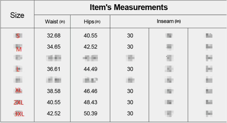 A table displaying size measurements for quick drying casual stretch pants including waist hips and inseam dimensions across sizes S through 3XL.