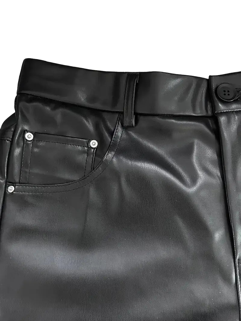 Men faux leather shorts glossy slim fit black featuring a sleek black faux leather high-waisted skirt design with a glossy finish and silver-toned button accents.