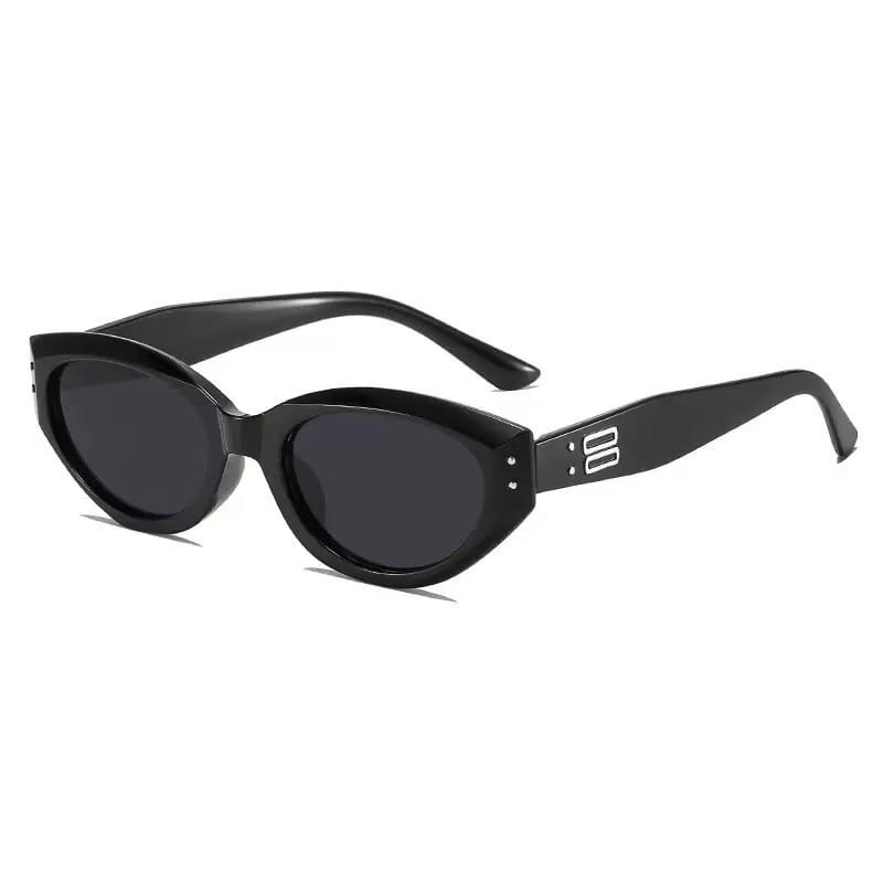 Black cat-eye uv400 sunglasses with dark gray lenses, glossy modern frames, and silver stud accents on the temples.