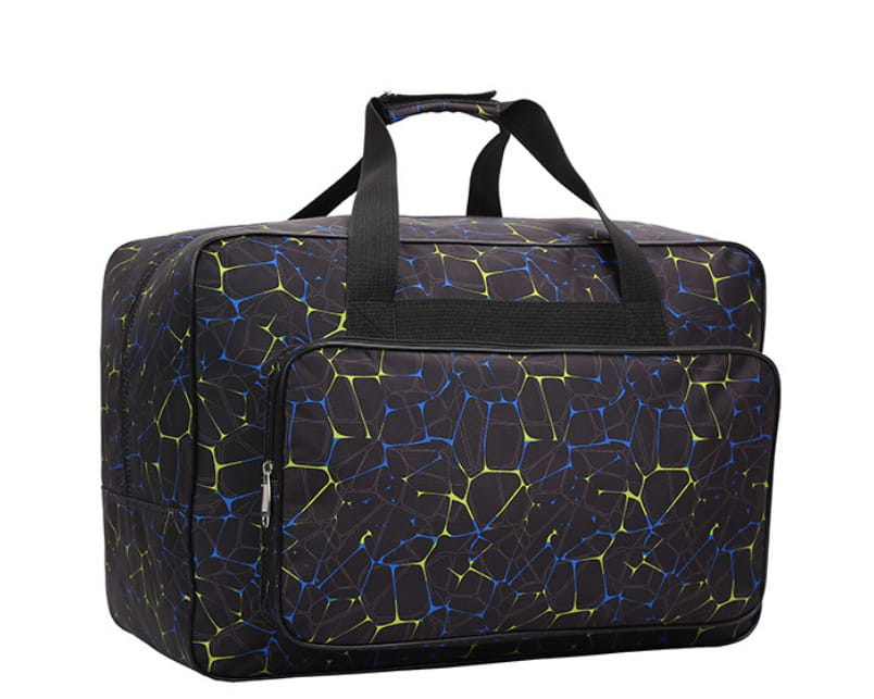 Multifunctional cracked pattern nylon travel duffel bag in black featuring a glowing blue and yellow crackle pattern with sturdy black handles and zippers.