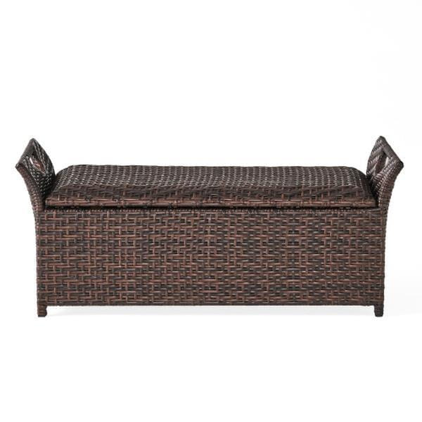 Brown wicker storage bench featuring a matching woven lid and curved handles designed for outdoor seating.
