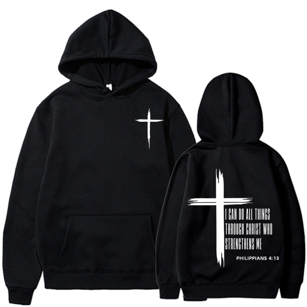Sweat à capuche noir présentant un motif de croix blanche à l’avant et à l’arrière, ainsi que le texte « I can do all things through christ who strengthens me from philippians 4 13 » imprimé sous la croix, sur un sweat à capuche de type pullover pour homme avec visuel croisé « Philippiens 4 13 ».