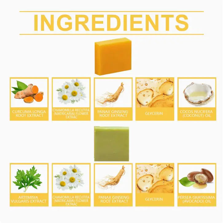 Orange and green turmeric and mugwort herbal soap bar set with ingredient illustrations displayed