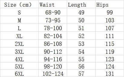 The image displays a size chart for men casual swim trunks with gradient tropical design listing waist length and hip measurements in centimeters.
