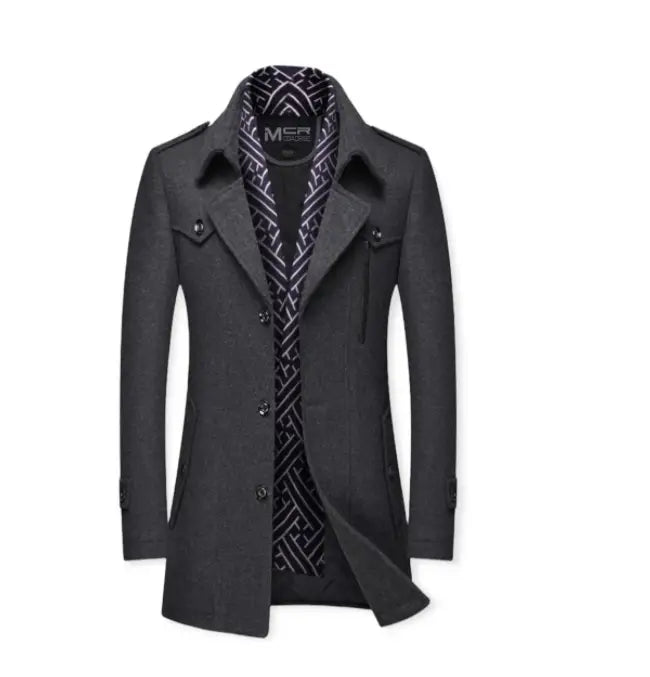 Dark gray thickened woolen trench coat for men featuring a double collar black buttons and geometric patterned inner lining.