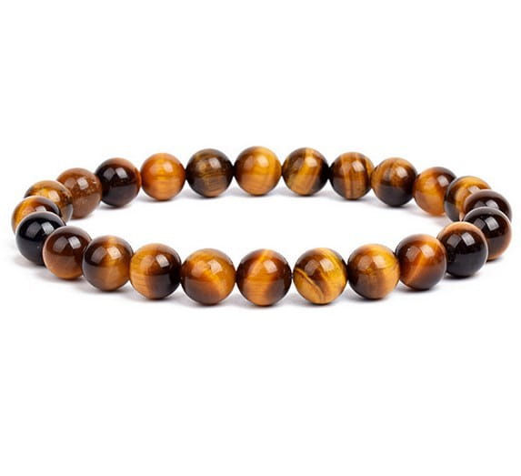 Unisex 8mm polished agate and amethyst stretch bracelet featuring smooth tiger eye beads with a rich golden-brown hue and striking black and amber stripes.