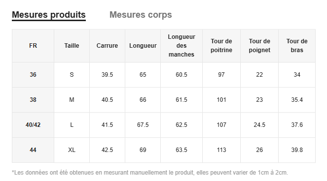 Size chart for wide leg halter denim jumpsuit showing measurements in centimeters for French sizes S to XL.