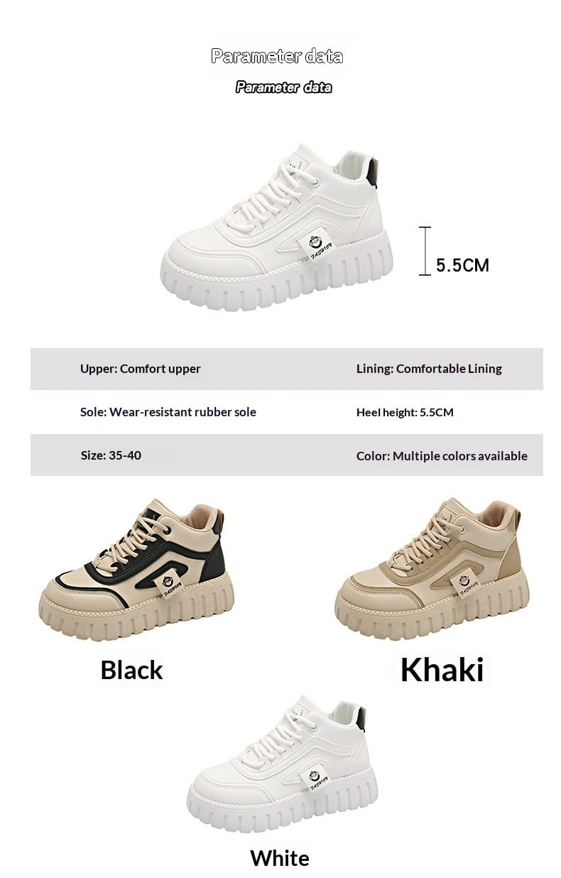 Cream-colored women’s chunky platform breathable high top sneakers with ridged sole and beige suede accents.