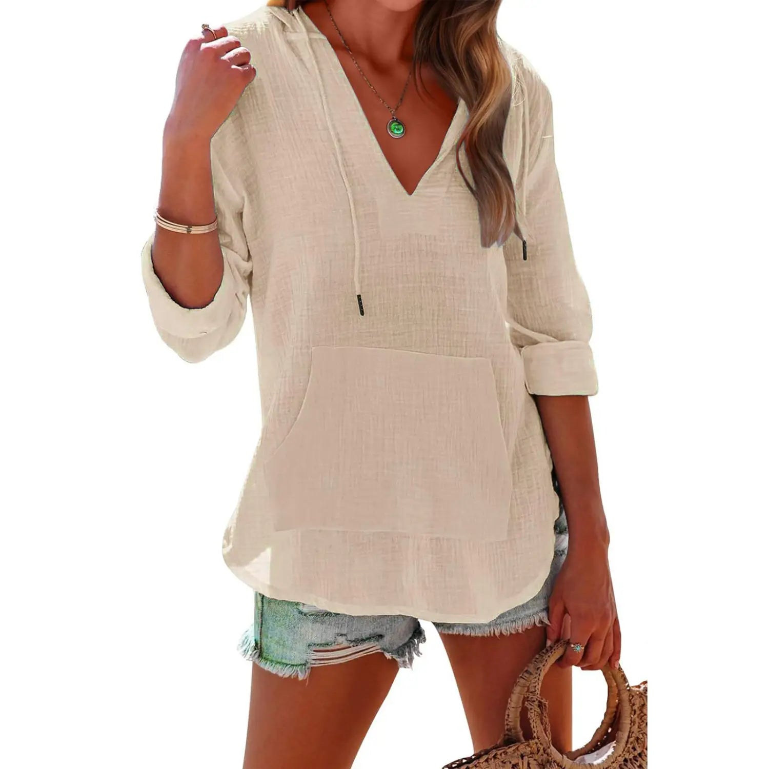 Beige cotton linen women’s v neck hoodie with a drawstring hood and front pocket.