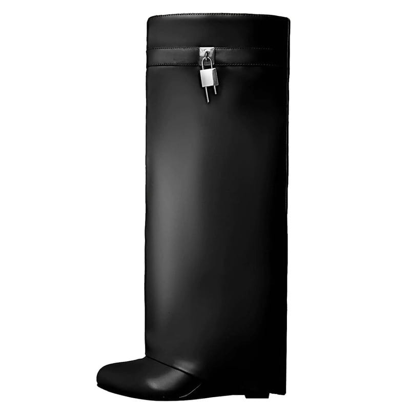 Black leather knee high wedge boot featuring a silver padlock securing the zipper at the top.