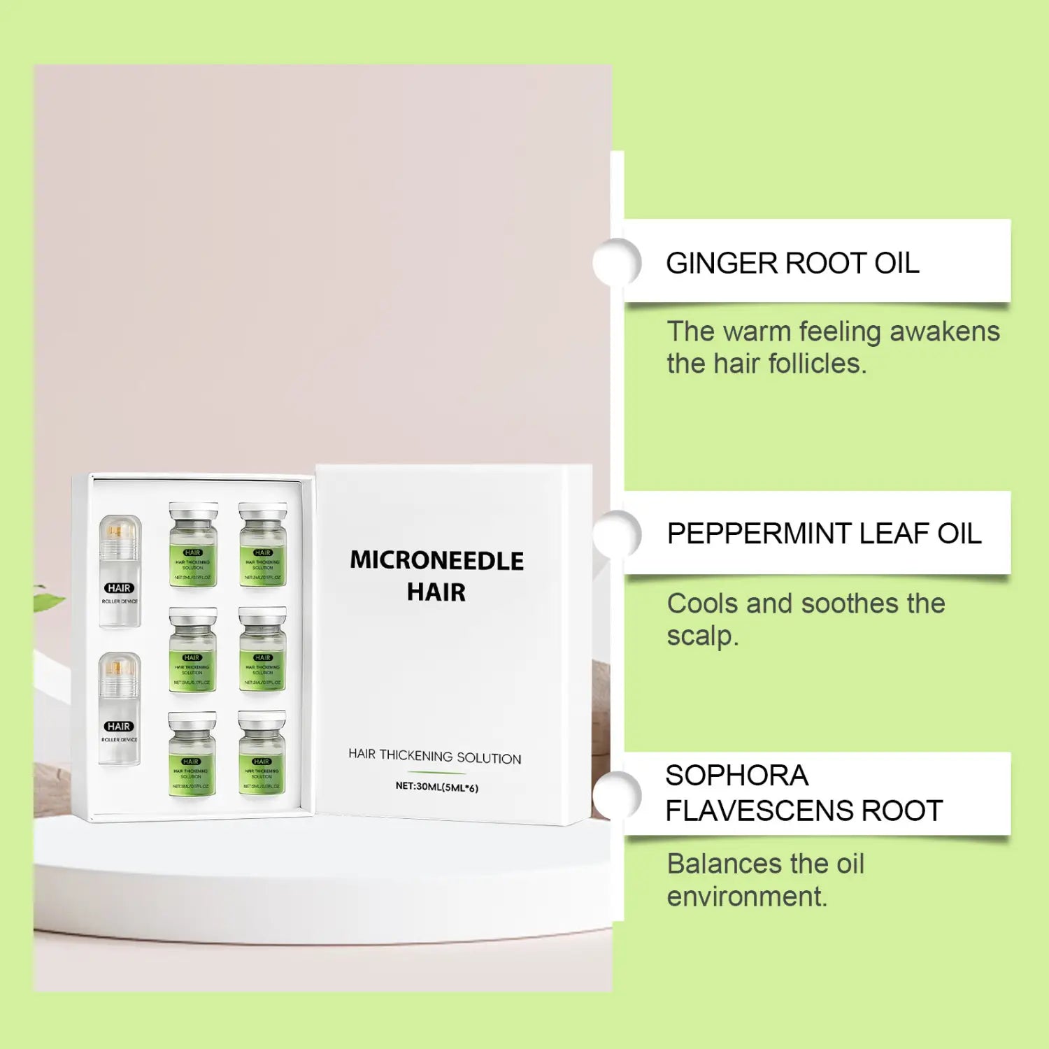 White box containing six green-capped vials of microneedle hair thickening solution for scalp treatment in the microneedle hair thickening solution roller kit.