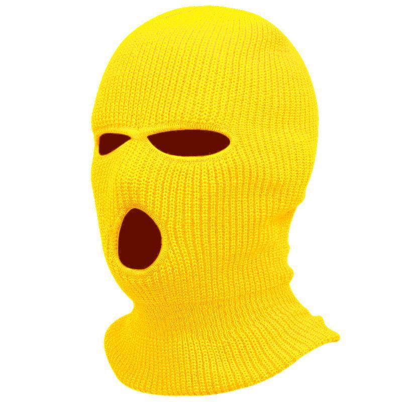 Bonnet cagoule tricoté jaune vif, avec des ouvertures pour les yeux et la bouche, conçu comme un masque chaud pour le cyclisme.