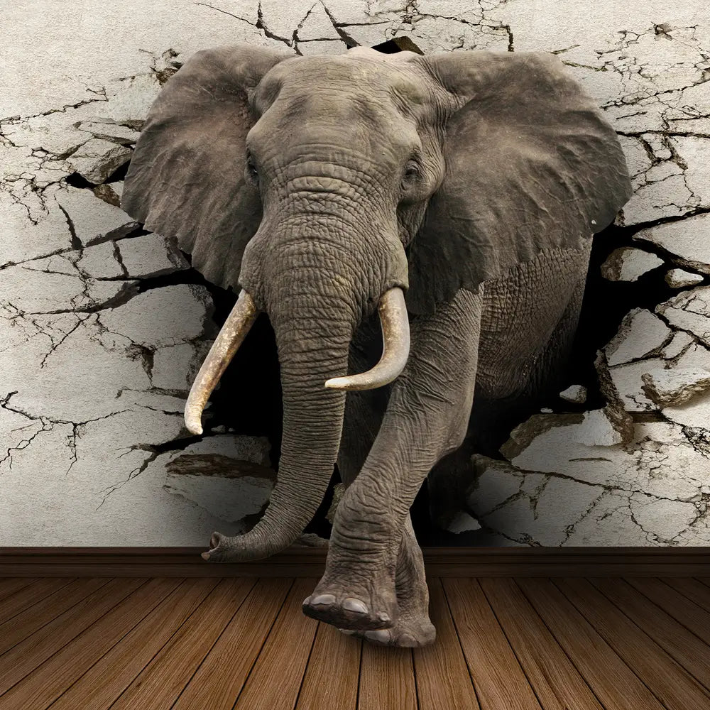 Die Elefant-3D-Leinwand-Wandkunst zeigt einen realistischen grauen Elefanten mit ausgeprägten weißen Stoßzähnen, der aus einer gerissenen, strukturierten Wandmalerei für ein explodierendes Dekor hervortritt.