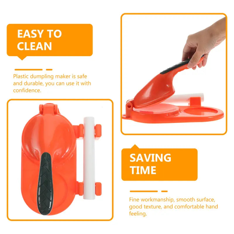 Bright orange plastic dumpling maker with a black handle and white central rod designed as a 3 in 1 manual dough pressing tool.