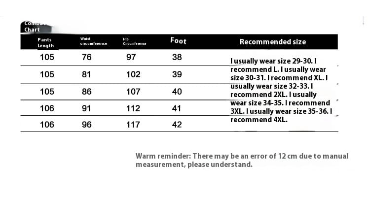 Size chart for men’s waterproof tactical hiking pants showing measurements in centimeters and recommended sizes based on wearer’s usual size.