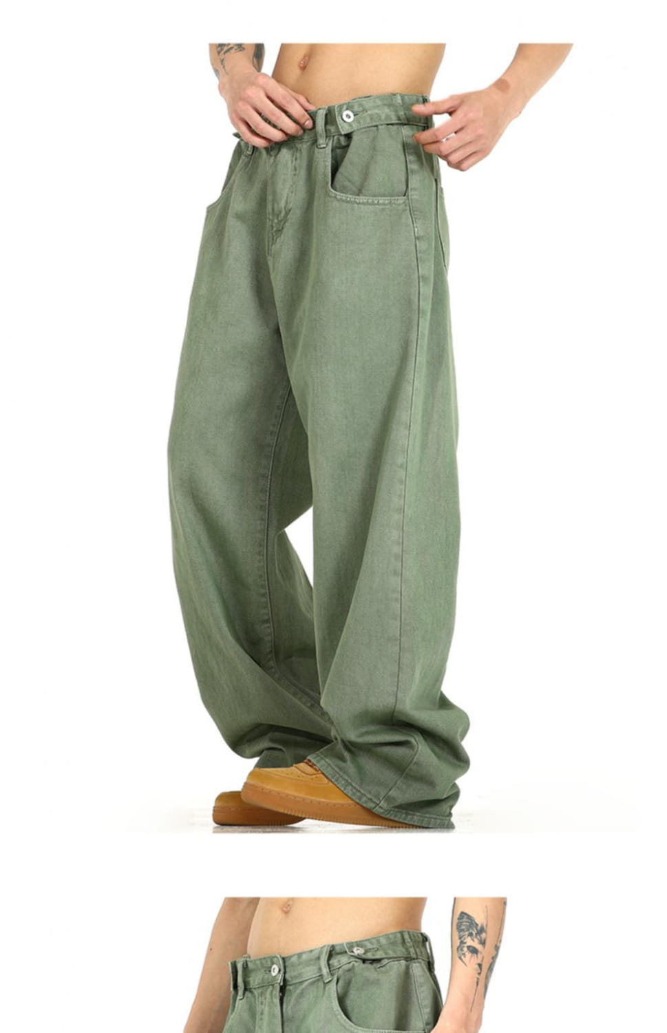 Men’s vintage wide leg high waist relaxed olive green denim jeans with a button closure and loose fit.