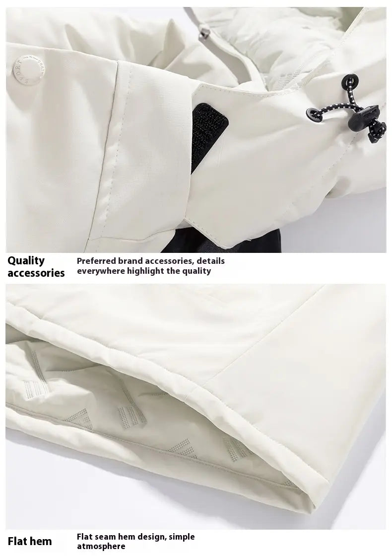 off-white waterproof thermal winter puffer jacket with black zipper pulls and flat seam hem designed for cold weather.