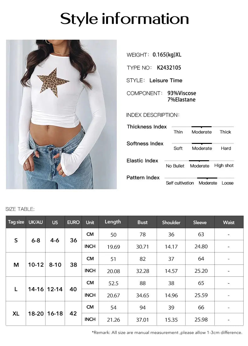 White long-sleeved crop top featuring a leopard print star design suitable for casual wear.