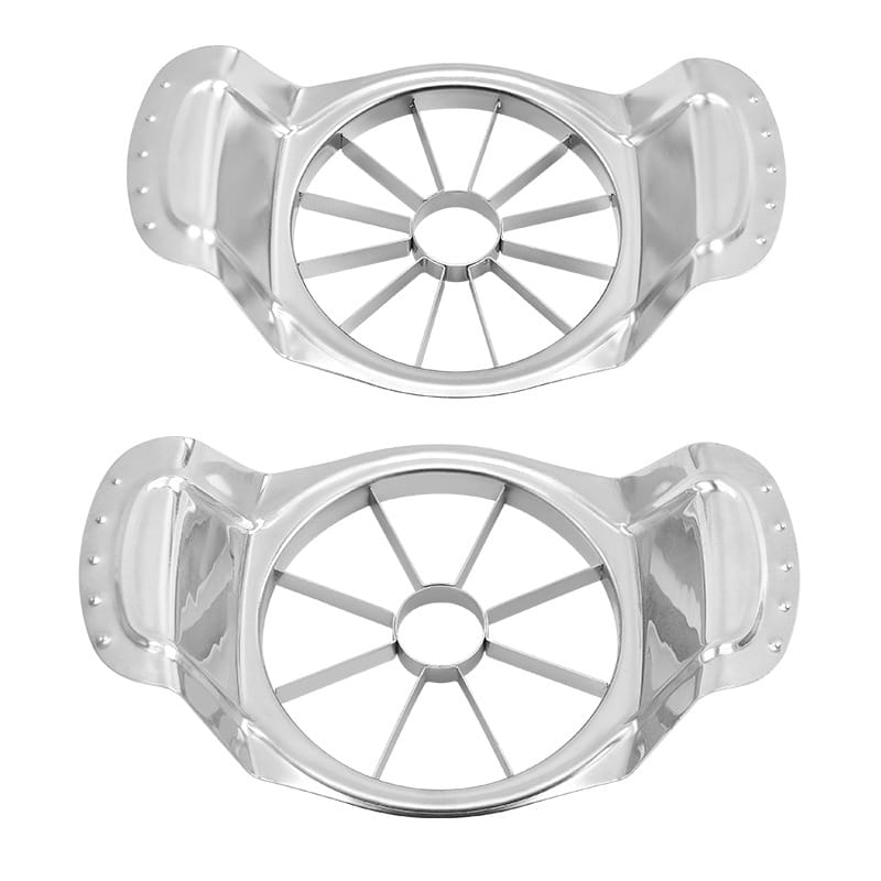 Trancheuse à pommes en acier inoxydable brillante, dotée de deux poignées et d’une grille circulaire d’évidage à 8 lames, pour trancher et évider facilement les pommes.