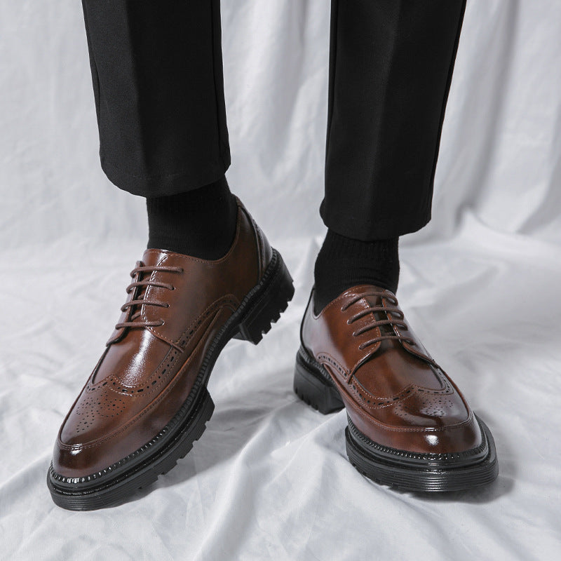 Men’s British style chunky sole brown leather brogue dress shoes with black rubber soles and matching laces