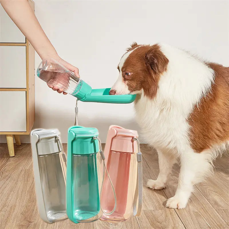 ティール色のプラスチック製携帯用犬用ウォーターボトル。注ぎ口と持ち運び用ストラップ付きで、550mlの折りたたみ式ペットトラベルカップとして設計されています。