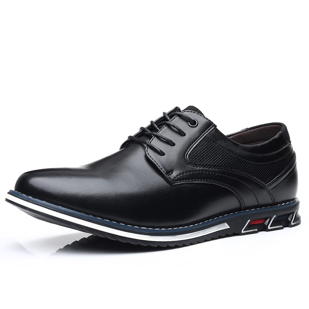 Herren-Premium schwarze PU-Leder-Schnürschuhe im eleganten Casual-Stil mit Detail an der weißen und navyfarbenen Sohle.