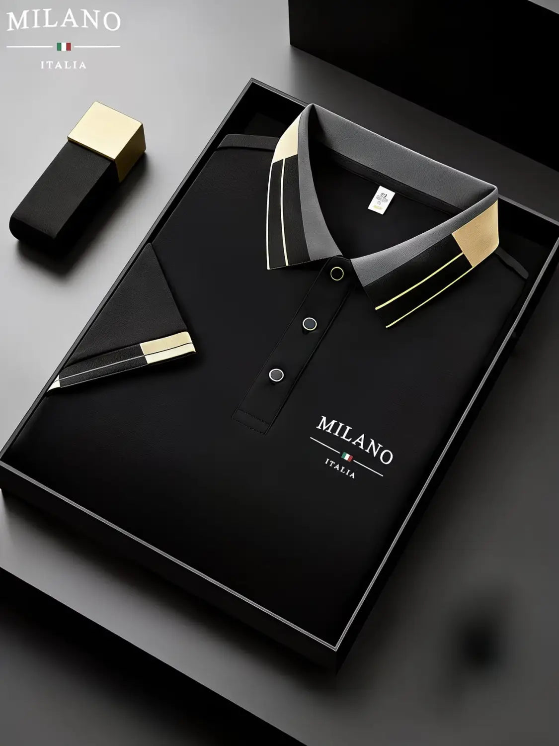 Mens slim fit striped polo shirt in black Milano Italia with gold and white trim on the collar and placket featuring a sleek modern design.