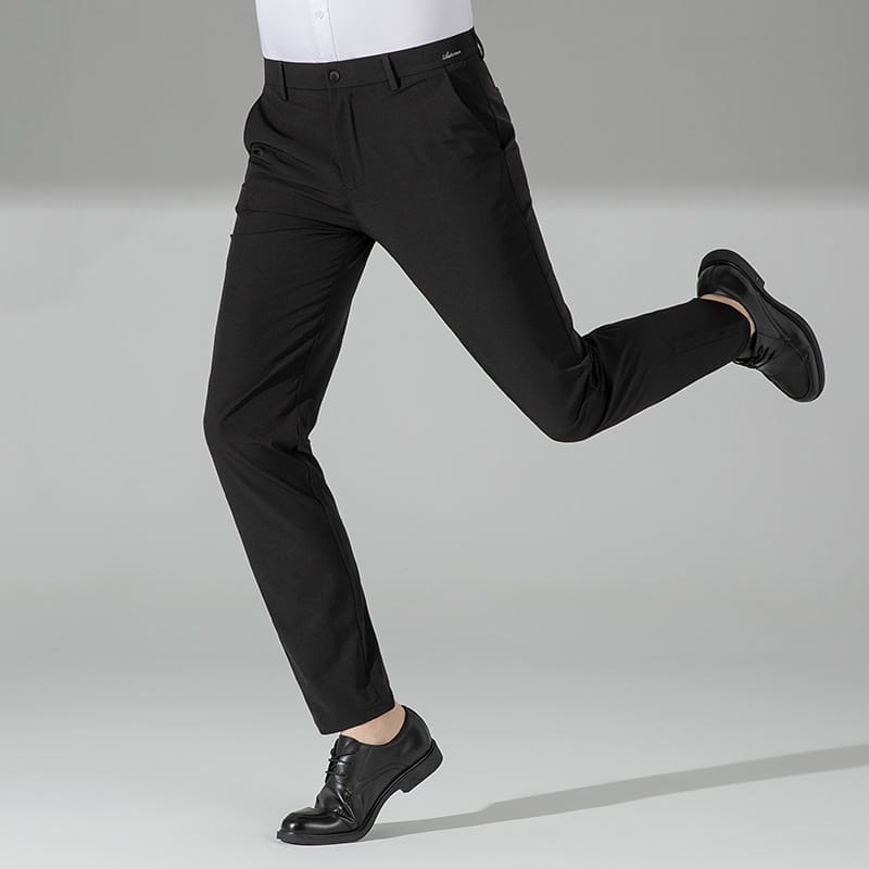 Men plus size stretch casual black slim-fit dress pants with a sleek modern design and subtle stitching details.