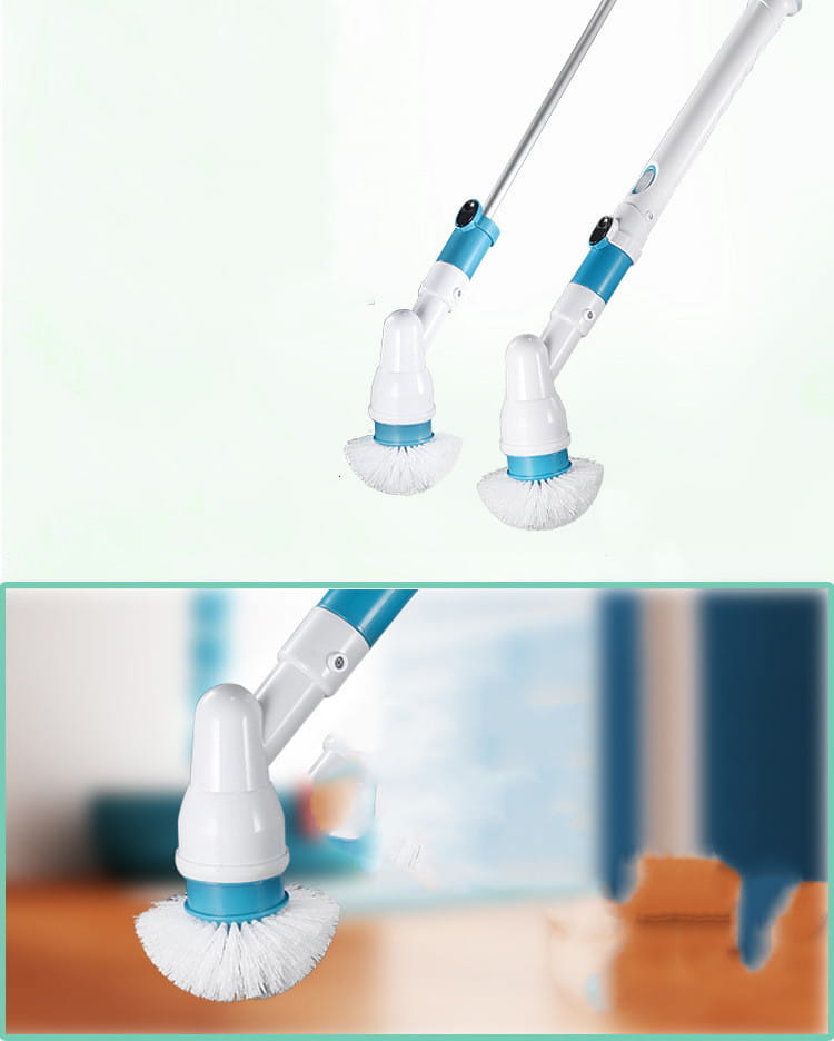 Blue and white electric spin scrubber with soft bristles designed for kitchen and bath cleaning