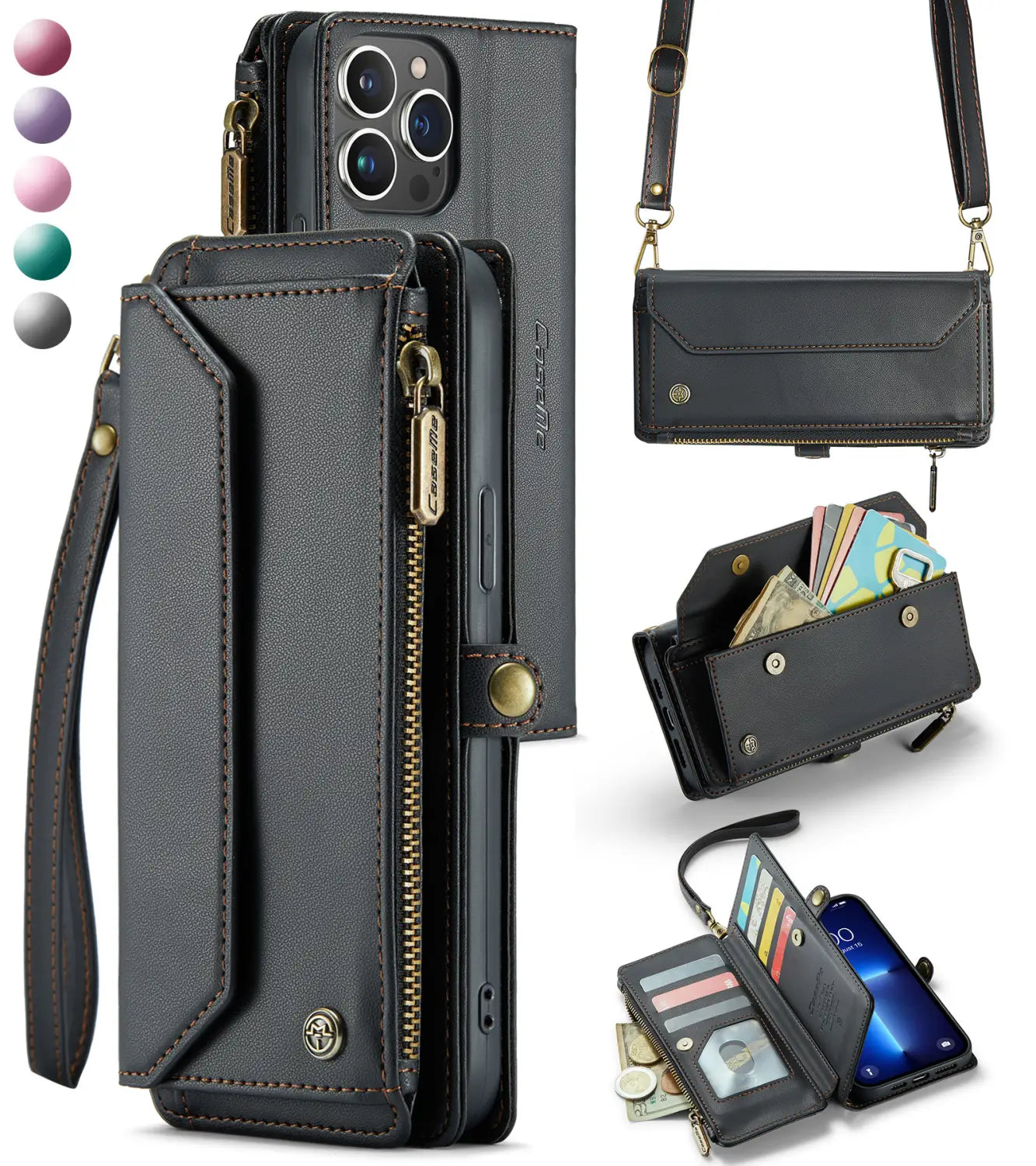 Black leather wallet phone case with gold-tone hardware and multiple card slots shown from the back side, featuring a removable wrist strap.