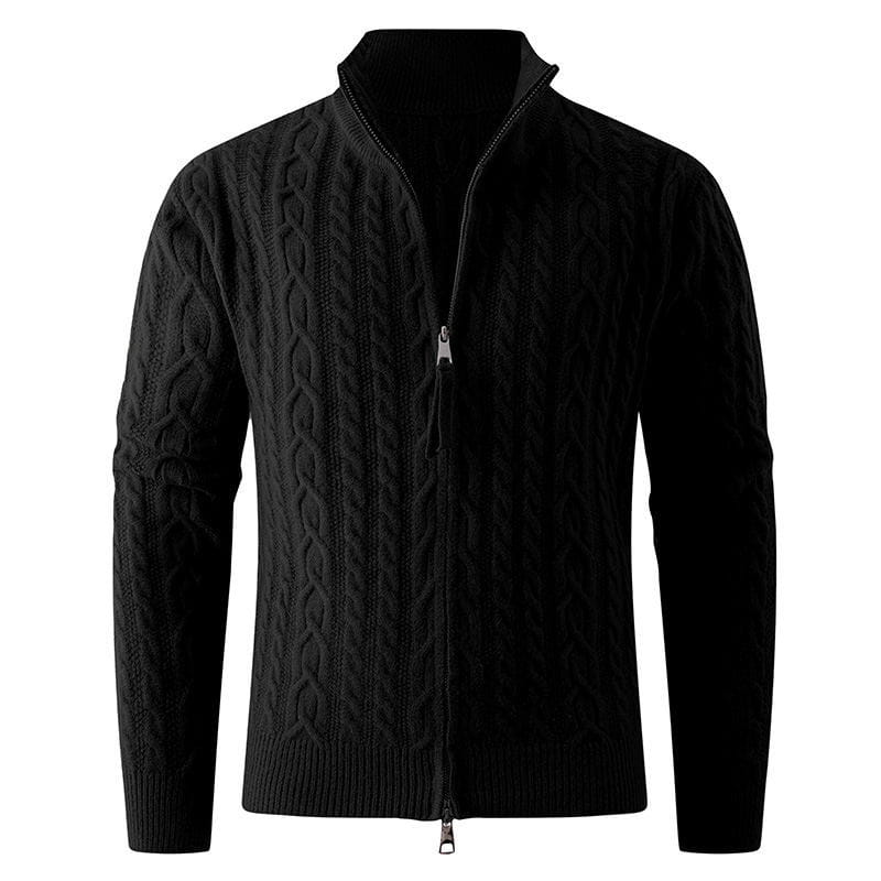 Men thick black cable knit zip-up sweater with ribbed collar and cuffs made of warm knitted fabric.