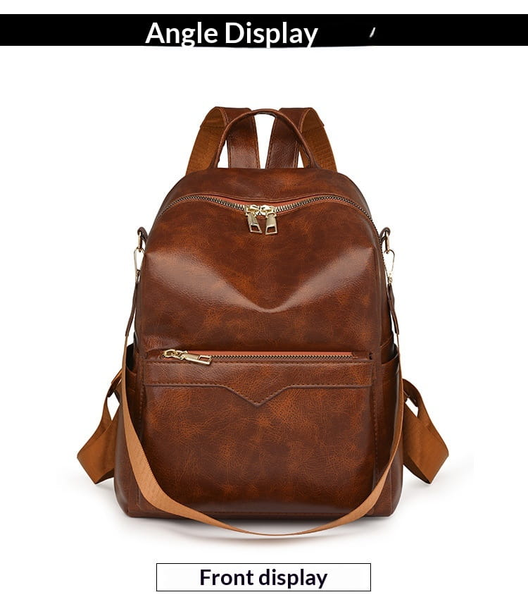 Brown faux leather women’s large capacity commuter backpack with gold-toned zippers and adjustable shoulder straps.