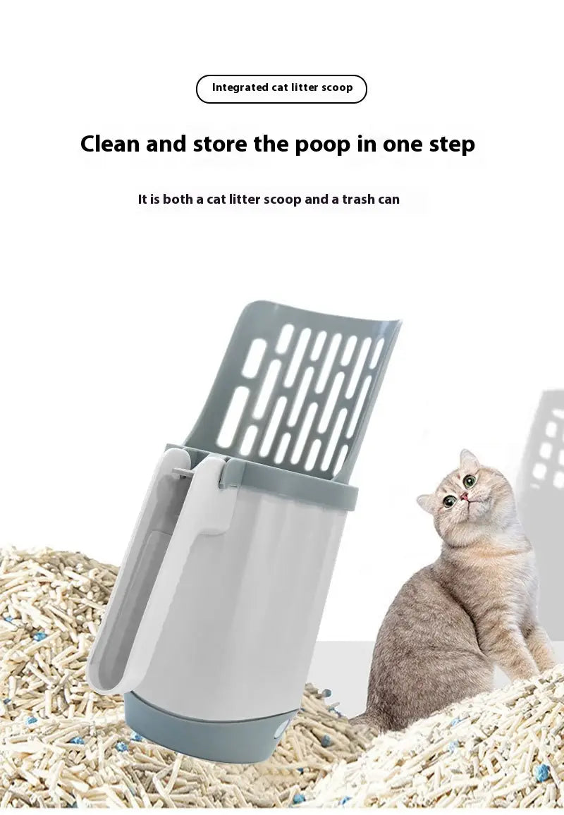 Gray plastic integrated cat litter scoop with trash can combo featuring a slotted design and handle for easy use