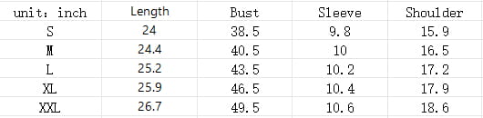 Size chart for women’s striped ruffle trim short sleeve knit top showing measurements in inches for sizes small to XXL.