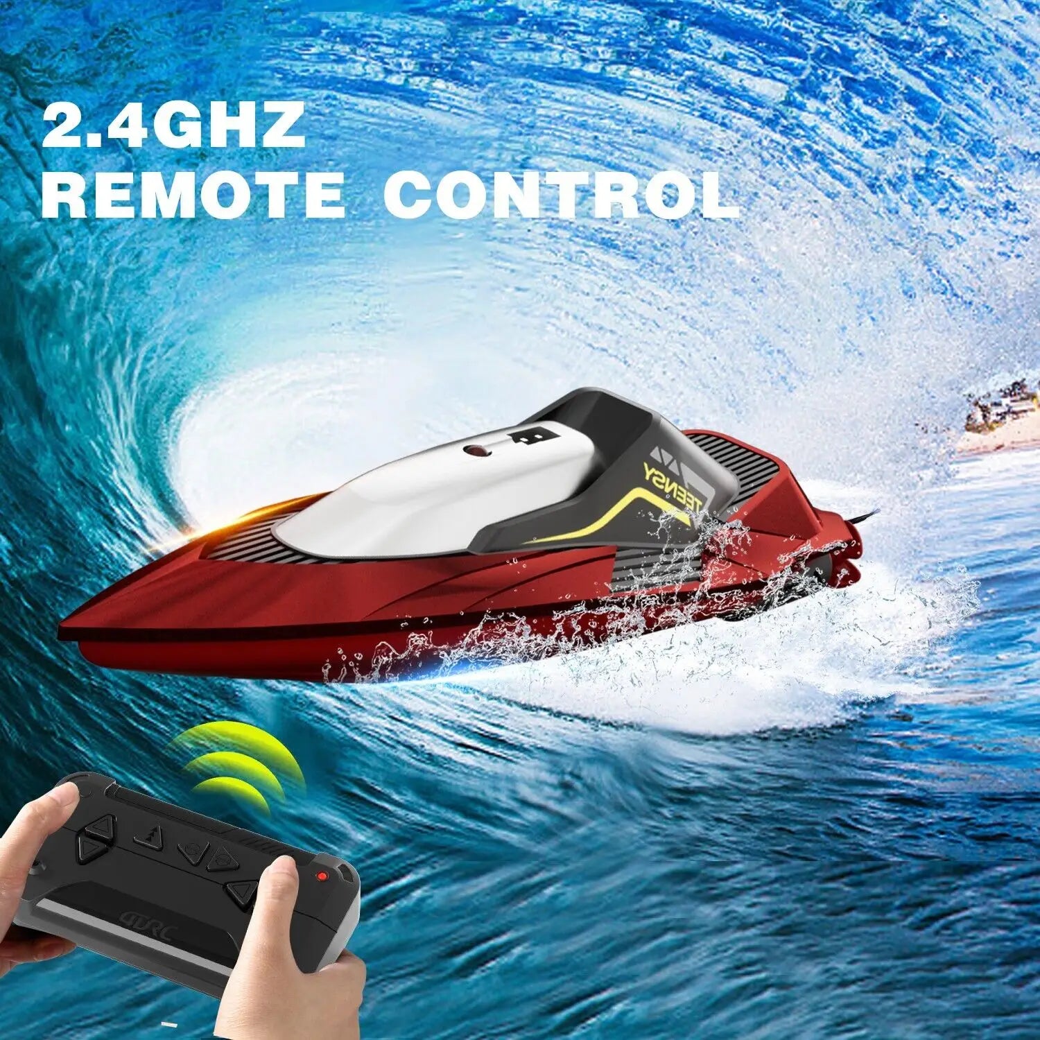 Bateau à moteur télécommandé rouge et noir 4drc S5, bateau de course rapide, avec des accents jaunes et la marque venet, conçu pour les enfants.