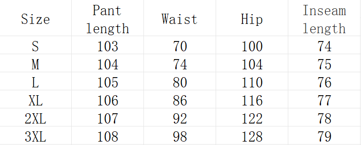 Eine Tabelle mit Maßangaben zur Hosengröße, einschließlich Länge, Bund, Hüfte und Innenbeinlänge für Größen von S bis 3XL von Wide-Leg-Denimjeans mit hoher Taille und Freizeitlook.