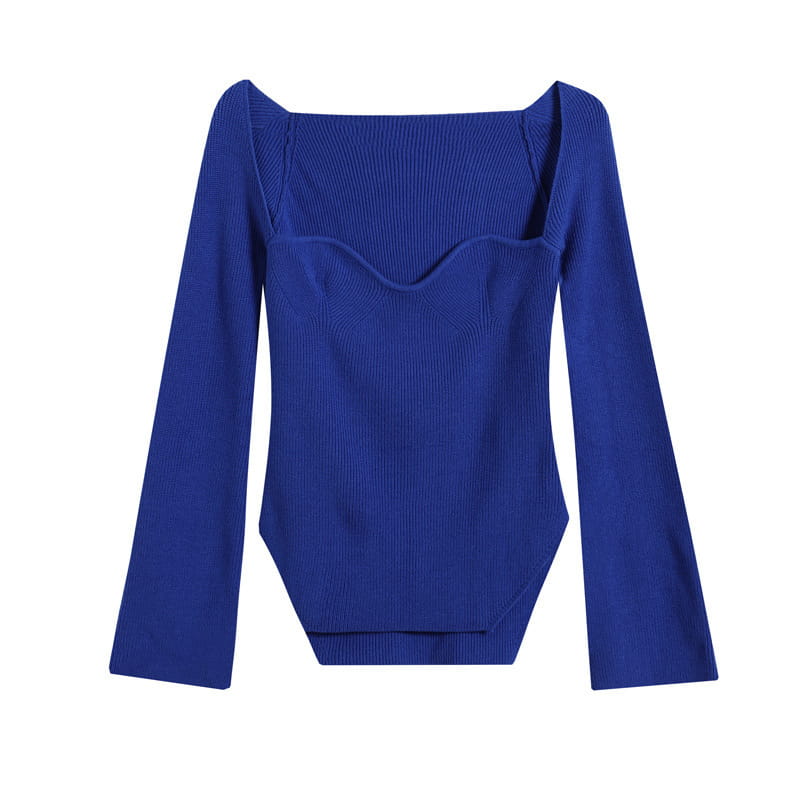 Vibrant royal blue ribbed knit pullover with long sleeves and a square neckline designed for comfortable casual wear.